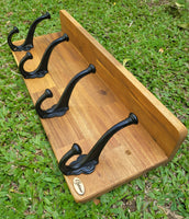 Coat / Hat /Bag/ Key Rack with Shelf and 4 x Cast Iron Hooks Free Engraving, great as a gift idea