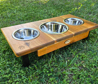 Small Elevated Triple Dog Feeding Station with 2 x Small & 1 x Medium Stainless Steel Dishes.