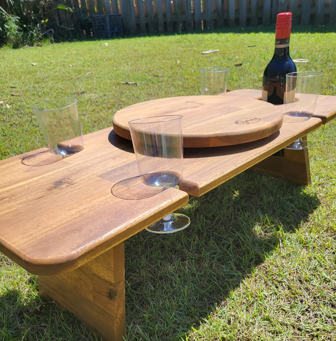 Foldable Wine / Camping Picnic Table Holds 4 x Wine Glasses & Wine Bottle with Lazy Susan