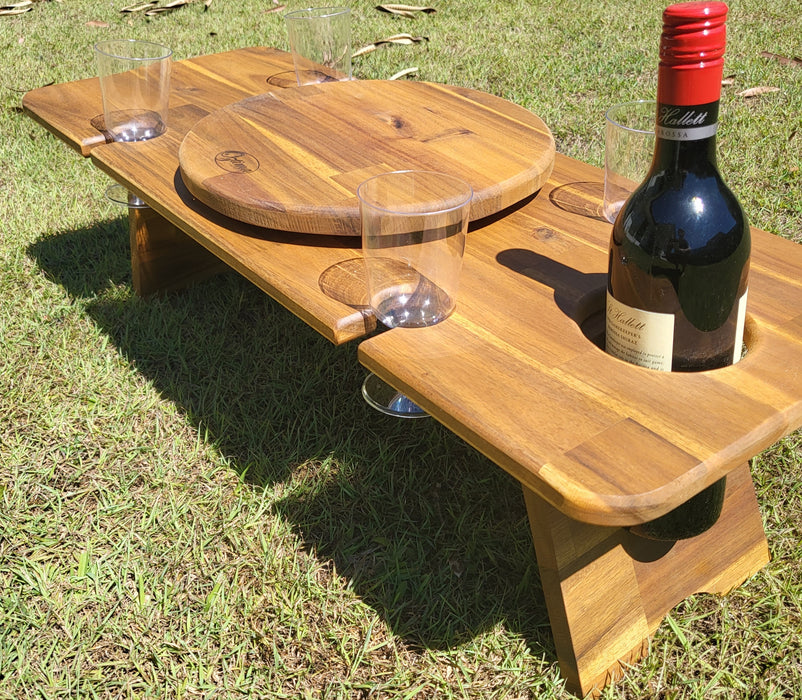Foldable Wine / Camping Picnic Table Holds 4 x Wine Glasses & Wine Bottle with Lazy Susan