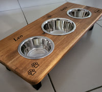 Small Elevated Triple Dog Feeding Station with 2 x Small & 1 x Medium Stainless Steel Dishes.